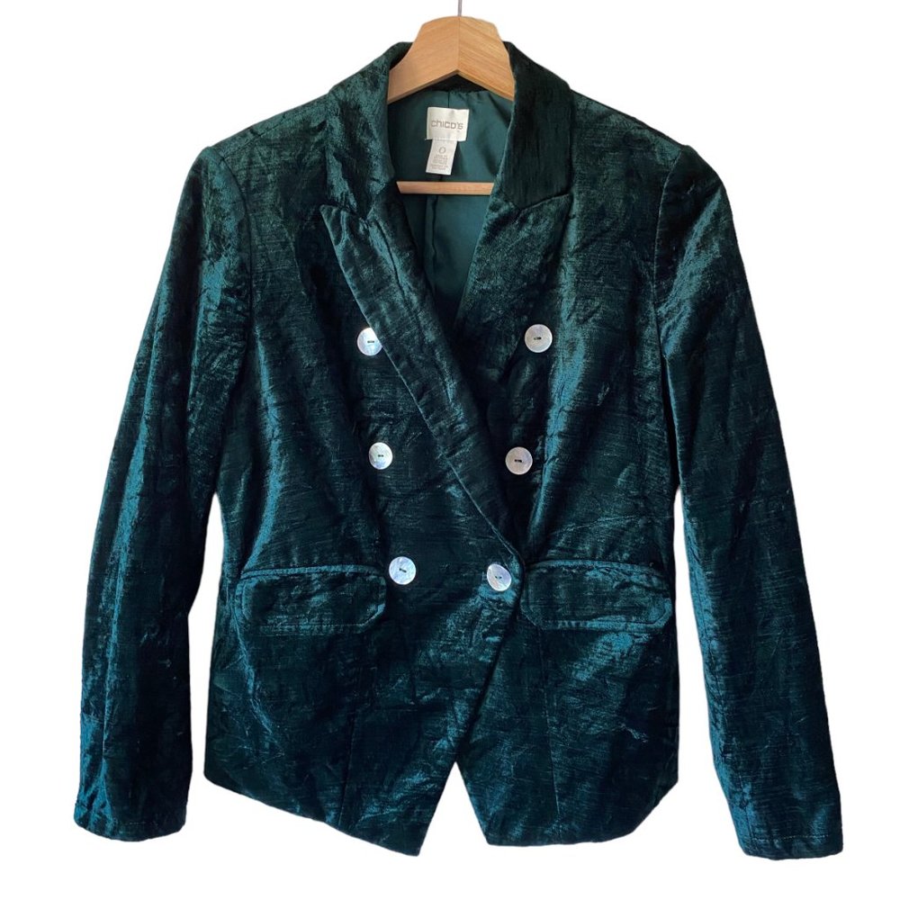 Chico's Sz 0 US Sm Green Crushed Velvet Blazer Holiday Mother Of Pearl Buttons